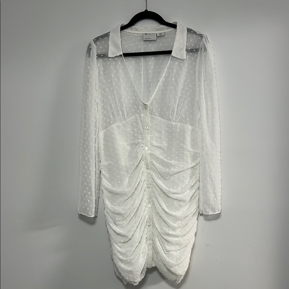Chic White Ruched Dress with Sheer Sleeves - Picture 2 of 13